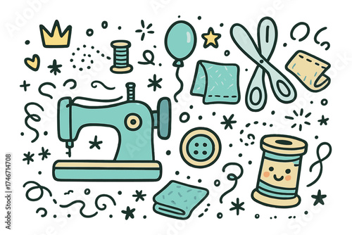 Cute Sewing Icons. Sewing doodle icon set: hand drawn icons of sewing machine, scissors, spool, crown, star, balloon, fabric,