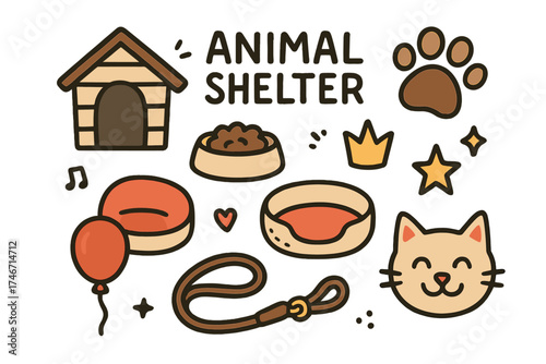 Animal Shelter Icons. Animal shelter doodle icon set: hand drawn icons of kennel, food, bed, paw print, crown, star, balloon,