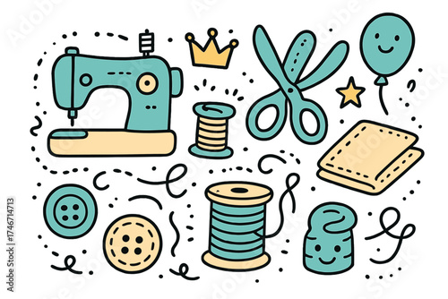 Cute Sewing Icons. Sewing doodle icon set: hand drawn icons of sewing machine, scissors, spool, crown, star, balloon, fabric,