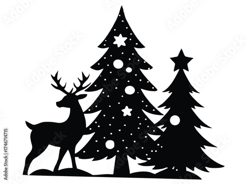 Vector art of silhouette of reindeer and christmas trees