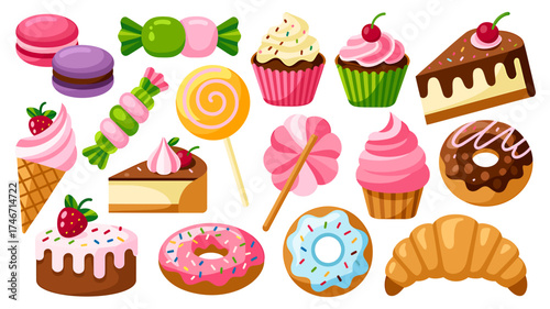A delicious assortment of sweet treats featuring cupcakes donuts croissants and candies