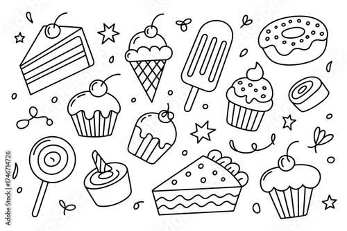 Whimsical hand drawn sweet treats collection black and white line art for coloring and design