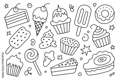Whimsical dessert collection black and white line art food elements for creative projects