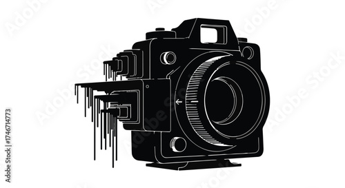 Abstract surreal illustration of a vintage camera melting into dark streaks, representing creativity and artistic expression.