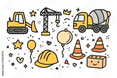 Construction Icons Collection. Construction vehicles doodle icon set: hand drawn icons of bulldozer, crane, cement mixer, crown,