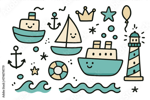 Cute Nautical Doodles. Ships doodle icon set: hand drawn icons of boat with smile, sailboat, cruise ship, anchor, crown, star,