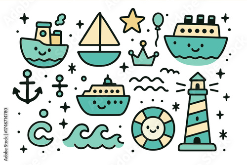 Cute Nautical Doodles. Ships doodle icon set: hand drawn icons of boat with smile, sailboat, cruise ship, anchor, crown, star,