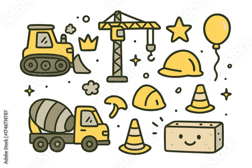 Construction Icons Collection. Construction vehicles doodle icon set: hand drawn icons of bulldozer, crane, cement mixer, crown,