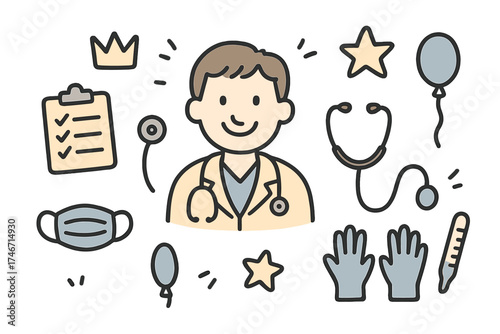 Doctor Icon Set. Doctor doodle icon set: hand drawn icons of doctor with smile, stethoscope, clipboard, crown, star, balloon, mask