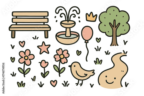 Park Doodle Icons. Park doodle icon set: hand drawn icons of bench, fountain, tree, crown, star, balloon, flower, bird, and