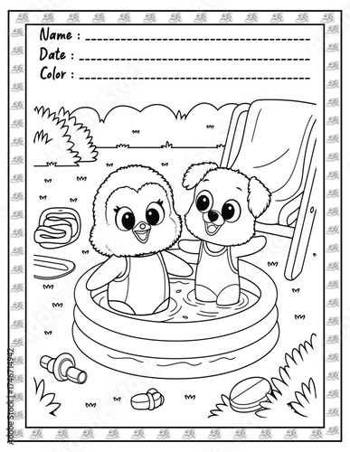 Fluffy Friends Coloring Page & Book for Adults and Kid. High resolution (300 DPI), Ready to print on standard 8.5x11-(A4) inch paper With (No Bleed), Black and White. Vector illustration