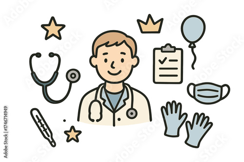 Doctor Icon Set. Doctor doodle icon set: hand drawn icons of doctor with smile, stethoscope, clipboard, crown, star, balloon, mask