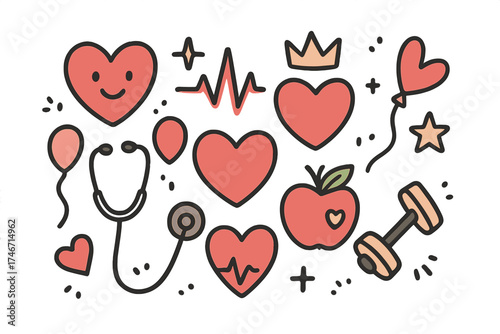 Heart Health Icons. Heart health doodle icon set: hand drawn icons of heart with smile, ECG, crown, star, balloon, stethoscope,