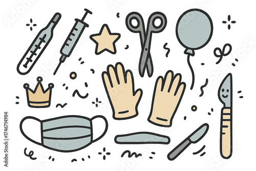 Medical Tool Doodles. Medical tools doodle icon set: hand drawn icons of thermometer, syringe, scissors, crown, star, balloon,