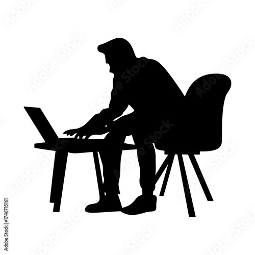 Man Working on Laptop at Desk Silhouette Vector Illustration