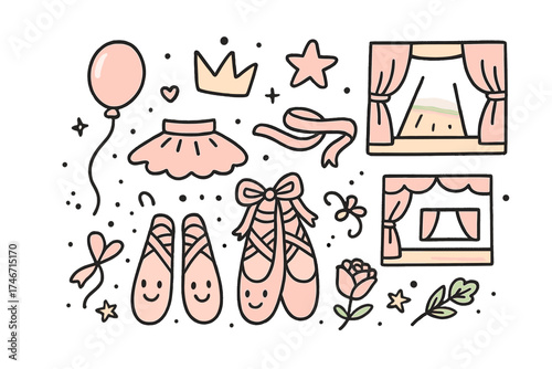 Ballet Icons Collection. Ballet doodle icon set: hand drawn icons of ballet shoes with smile, tutu, crown, star, balloon, ribbon,