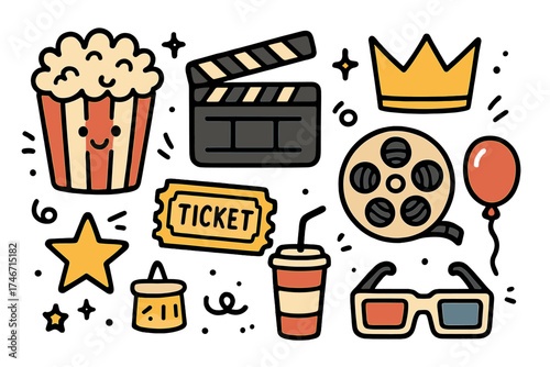 Cinema Icon Doodle. Cinema doodle icon set: hand drawn icons of popcorn with smile, clapperboard, film reel, ticket, crown, star,