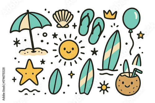 Beach Doodle Icons. Beach holiday doodle icon set: hand drawn icons of umbrella, shell, flip flops, crown, star, balloon,