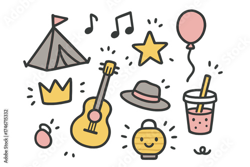 Festival Doodle Icons. Festival trip doodle icon set: hand drawn icons of tent, music notes, crown, star, balloon, guitar, drink,