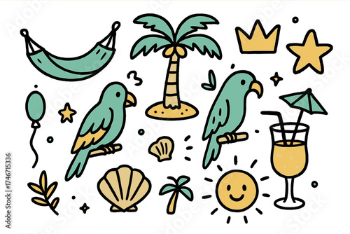 Island Doodle Icons. Island escape doodle icon set: hand drawn icons of hammock, palm tree, crown, star, balloon, parrot, shell,