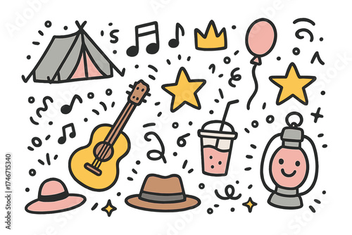 Festival Doodle Icons. Festival trip doodle icon set: hand drawn icons of tent, music notes, crown, star, balloon, guitar, drink,