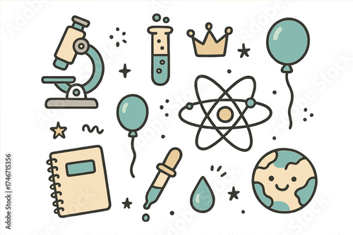 Science Doodle Icons. Science doodle icon set: hand drawn icons of microscope, test tube, atom, crown, star, balloon, notebook,