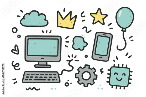 Cute Tech Icons. Technology doodle icon set: hand drawn icons of computer, smartphone, crown, star, balloon, cloud, gear, and