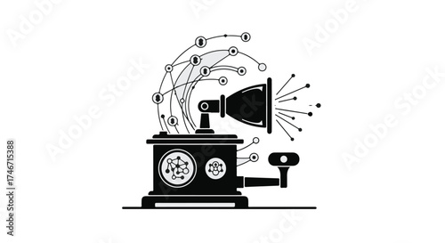 Vintage phonograph transformed into a futuristic data hub, emitting glowing digital connections.
