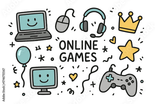 Gaming Doodle Icons. Online games doodle icon set: hand drawn icons of laptop, mouse, headset, crown, star, balloon, joystick, and