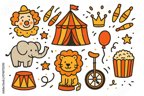 Circus Doodle Icons. Circus show doodle icon set: hand drawn icons of clown, elephant, lion, tent, juggling pins, crown, star,