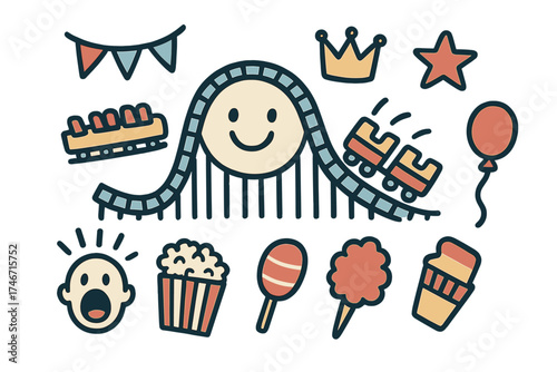 Roller Coaster Doodle Icons. Roller coaster doodle icon set: hand drawn icons of coaster with smile, carts, crown, star, balloon,
