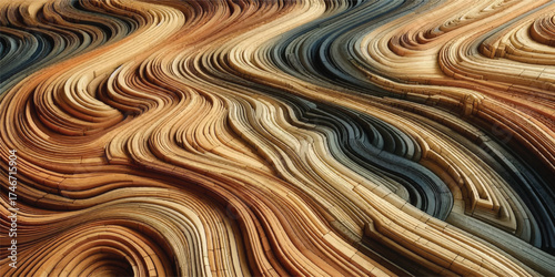 An abstract design featuring a dynamic wave pattern created from what looks like many wooden planks, set against a neutral background.