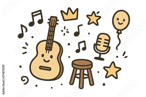 Acoustic Music Icons. Acoustic music doodle icon set: hand drawn icons of acoustic guitar with smile, notes, crown, star, balloon,