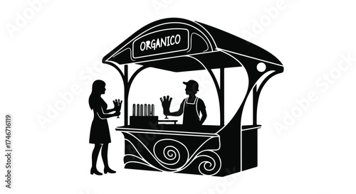 Customer interacts with vendor at a charming organic market stall