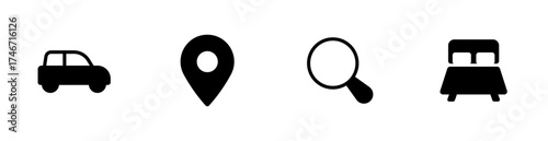 Car, location, search, hotel icons for travel. Solid vector icon.