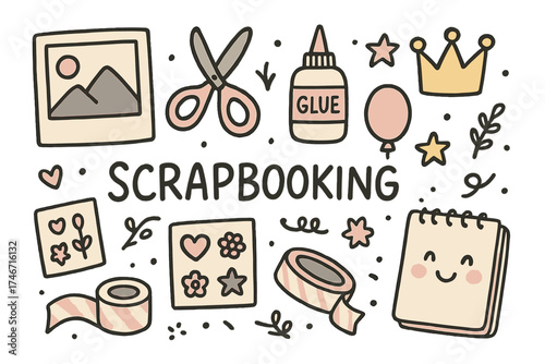 Scrapbooking Doodle Icons. Scrapbooking doodle icon set: hand drawn icons of photo, scissors, glue, crown, star, balloon, stickers