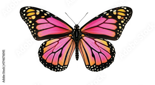 Monarch butterfly with pink orange and yellow wings on black background isolated on a transparent background
