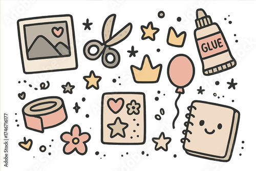 Scrapbooking Doodle Icons. Scrapbooking doodle icon set: hand drawn icons of photo, scissors, glue, crown, star, balloon, stickers