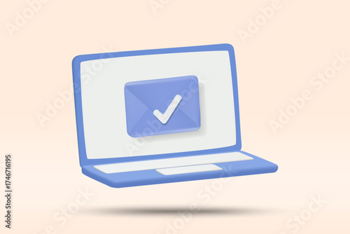 3D vector illustration render of laptop with email envelope with check mark, conveying learning through technology, worldwide, suitable for online education and learning technology concept.