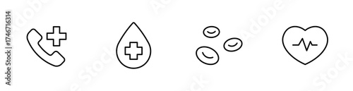 Medical call, blood, red blood cells and heartbeat icons. Editable stroke vector icon.