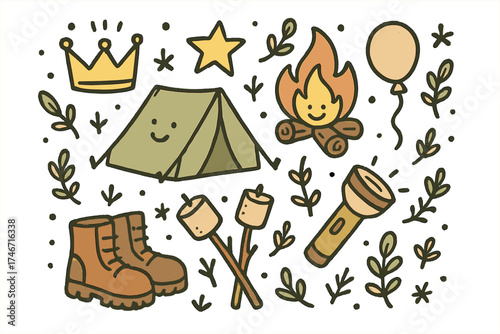 Camping Doodle Icons. Camping doodle icon set: hand drawn icons of tent with smile, campfire, crown, star, balloon, boots,