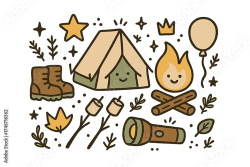 Camping Doodle Icons. Camping doodle icon set: hand drawn icons of tent with smile, campfire, crown, star, balloon, boots,