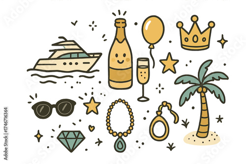 Luxury Holiday Icons. Luxury holiday doodle icon set: hand drawn icons of yacht, champagne with smile, crown, star, balloon,