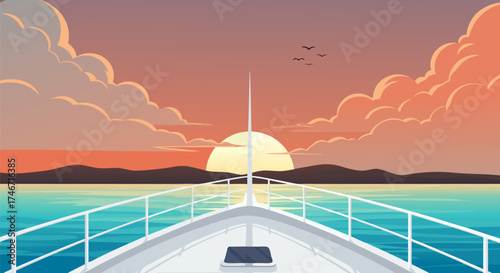 Serene vector illustration of a boat's journey towards a radiant sunset on calm ocean, depicting tranquil sea travel and a beautiful horizon