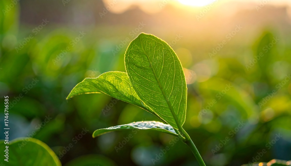 Fototapeta premium Macro shot capturing a vibrant green leaf illuminated by warm golden sunlight, set against a soft, blurred background of more foliage