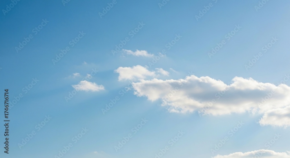 Fototapeta premium Sunlit, fluffy clouds drift serenely across a vast, clear blue sky backdrop