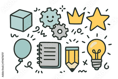 Logic Puzzle Icons. Logic puzzle doodle icon set: hand drawn icons of cube, gears with smile, crown, star, balloon, notebook, and