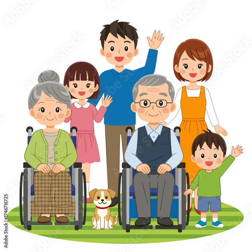 A joyful, three-generation family, including grandparents in wheelchairs and a pet dog, smiles and waves together in this warm, happy illustration