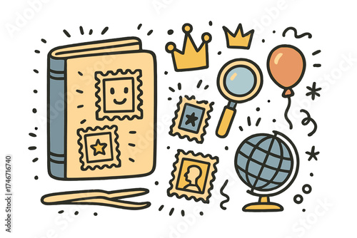 Stamp Collecting Icons. Stamp collecting doodle icon set: hand drawn icons of album with smile, magnifier, crown, star, balloon,