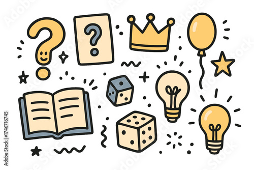 Trivia Doodle Icons. Trivia quiz doodle icon set: hand drawn icons of question mark with smile, card, crown, star, balloon,